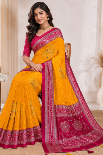Mustard Yellow Foil Print With Beautiful Mirror Crepe georgettete Saree