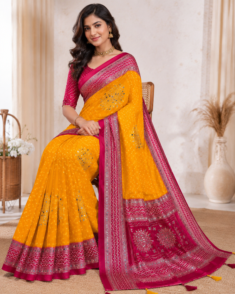 Mustard Yellow Color Foil Print With Beautiful Mirror Work Crepe Georgette Saree