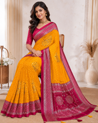 Mustard Yellow Color Foil Print With Beautiful Mirror Work Crepe Georgette Saree 1