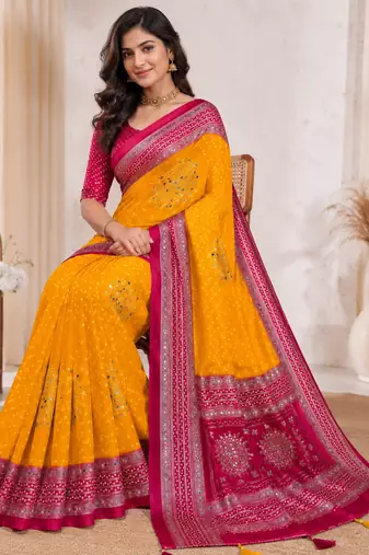 Mustard Yellow Color Foil Print With Beautiful Mirror Work Crepe Georgette Saree