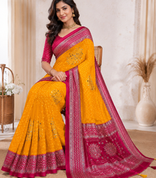 Mustard Yellow Color Foil Print With Beautiful Mirror Work Crepe Georgette Saree