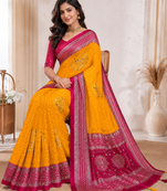Mustard Yellow Color Foil Print With Beautiful Mirror Work Crepe Georgette Saree