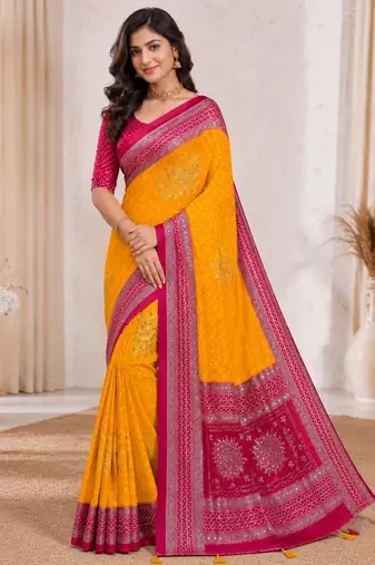 Mustard Yellow Color Foil Print With Beautiful Mirror Work Crepe Georgette Saree