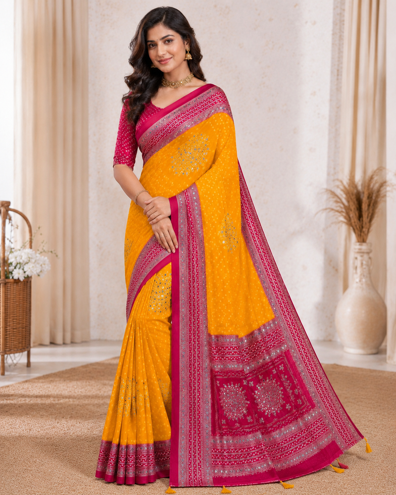 Mustard Yellow Color Foil Print With Beautiful Mirror Work Crepe Georgette Saree