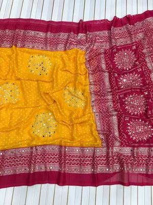 Mustard Yellow Color Foil Print With Beautiful Mirror Work Crepe Georgette Saree 3