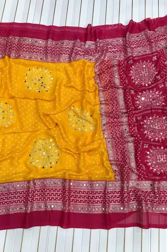 Mustard Yellow Color Foil Print With Beautiful Mirror Work Crepe Georgette Saree