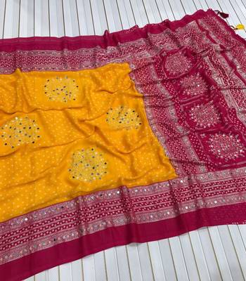 Mustard Yellow Color Foil Print With Beautiful Mirror Work Crepe Georgette Saree 4