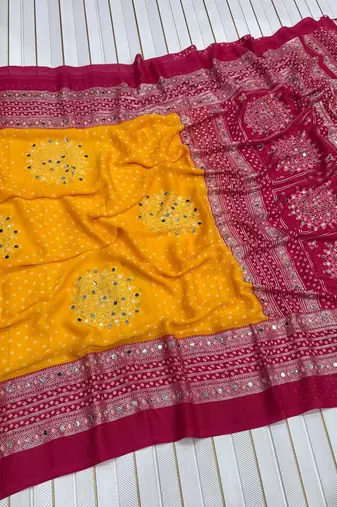 Mustard Yellow Color Foil Print With Beautiful Mirror Work Crepe Georgette Saree