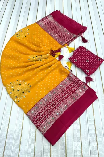 Mustard Yellow Color Foil Print With Beautiful Mirror Work Crepe Georgette Saree