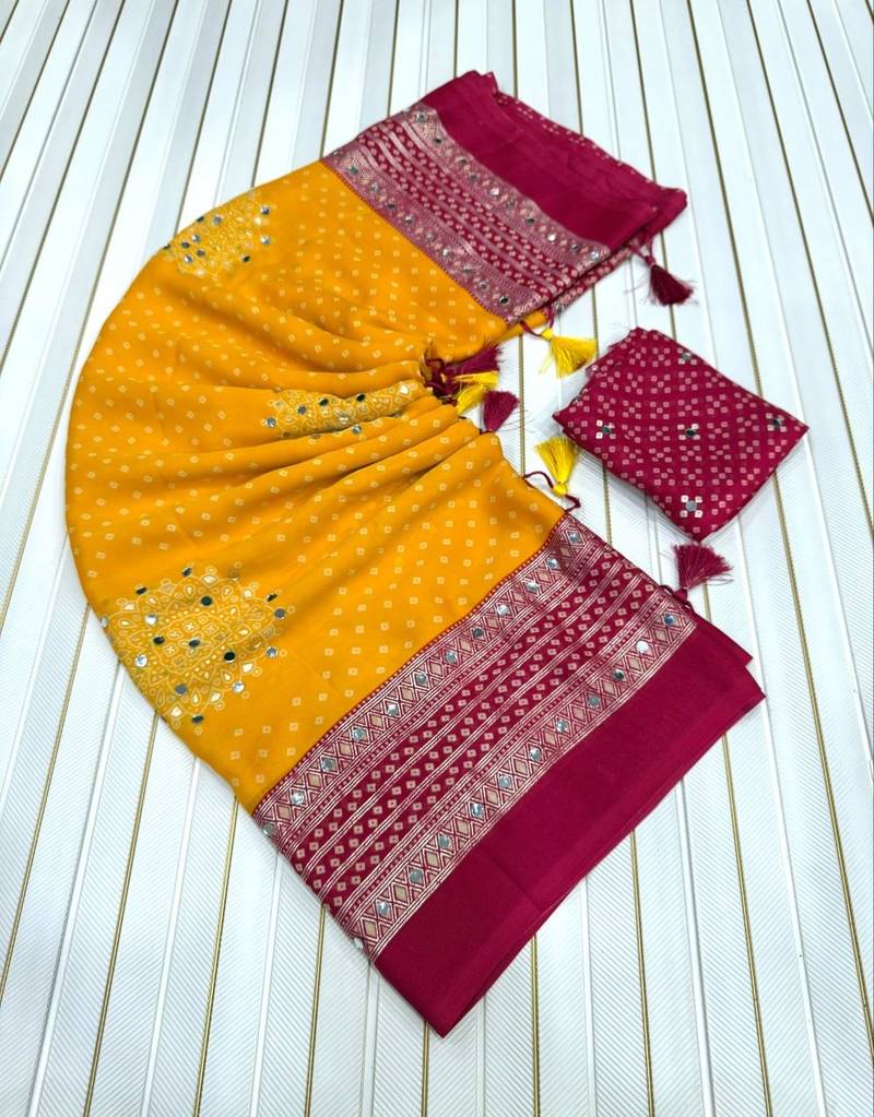 Mustard Yellow Color Foil Print With Beautiful Mirror Work Crepe Georgette Saree