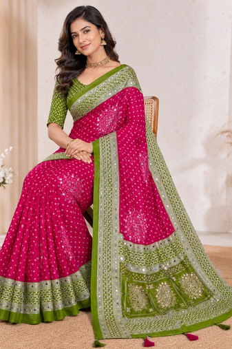 Rani Pink Foil Print With Beautiful Mirror Crepe georgettete Saree