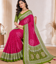 Rani Pink Color Foil Print With Beautiful Mirror Work Crepe Georgette Saree