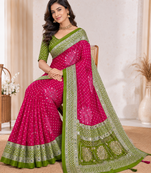 Rani Pink Color Foil Print With Beautiful Mirror Work Crepe Georgette Saree