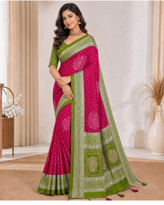 Rani Pink Color Foil Print With Beautiful Mirror Work Crepe Georgette Saree 2