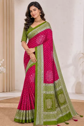 Rani Pink Color Foil Print With Beautiful Mirror Work Crepe Georgette Saree