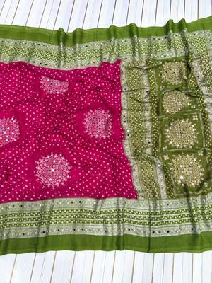 Rani Pink Color Foil Print With Beautiful Mirror Work Crepe Georgette Saree 3