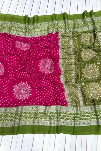 Rani Pink Color Foil Print With Beautiful Mirror Work Crepe Georgette Saree