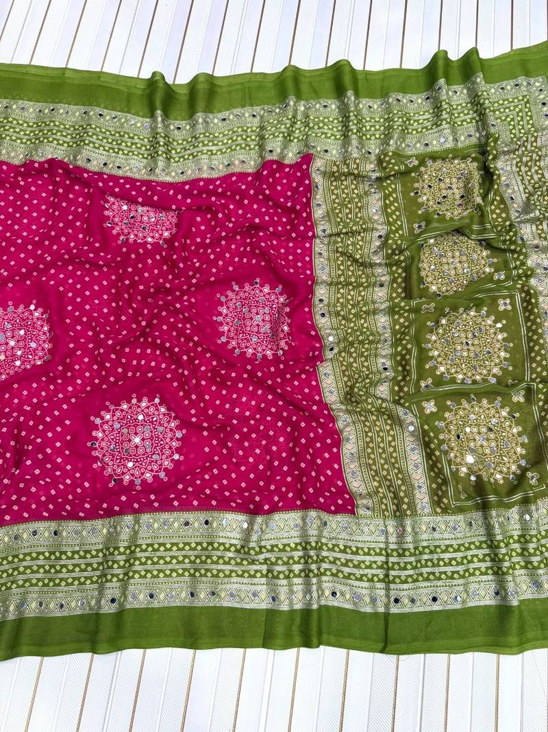 Rani Pink Color Foil Print With Beautiful Mirror Work Crepe Georgette Saree