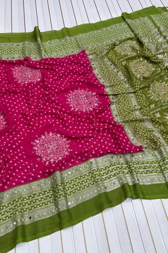 Rani Pink Color Foil Print With Beautiful Mirror Work Crepe Georgette Saree