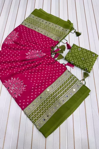 Rani Pink Color Foil Print With Beautiful Mirror Work Crepe Georgette Saree