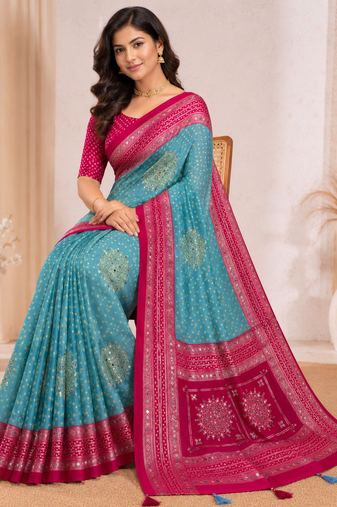Sky Blue Color Foil Print With Beautiful Mirror Work Crepe Georgette Saree