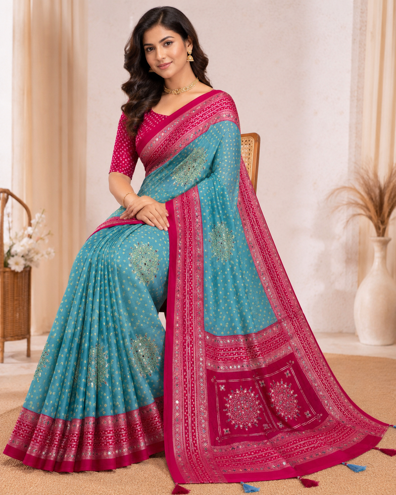 Sky Blue Color Foil Print With Beautiful Mirror Work Crepe Georgette Saree
