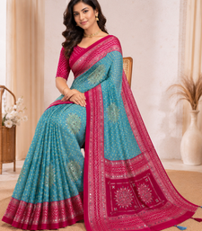 Sky Blue Color Foil Print With Beautiful Mirror Work Crepe Georgette Saree