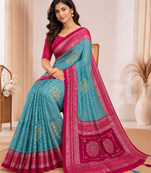 Sky Blue Color Foil Print With Beautiful Mirror Work Crepe Georgette Saree