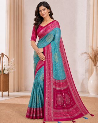 Sky Blue Color Foil Print With Beautiful Mirror Work Crepe Georgette Saree 2