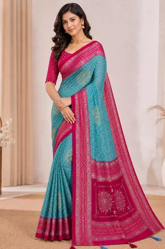 Sky Blue Color Foil Print With Beautiful Mirror Work Crepe Georgette Saree