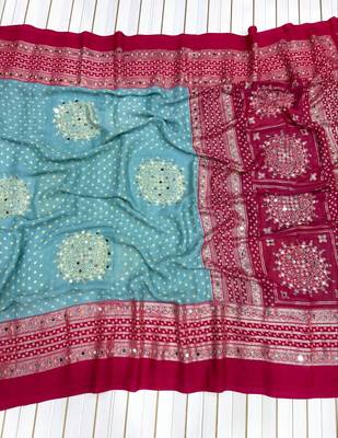 Sky Blue Color Foil Print With Beautiful Mirror Work Crepe Georgette Saree 3