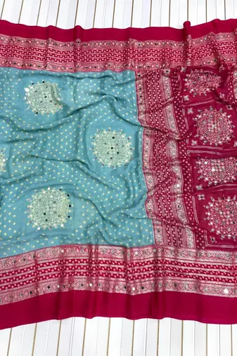 Sky Blue Color Foil Print With Beautiful Mirror Work Crepe Georgette Saree