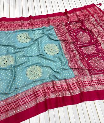 Sky Blue Color Foil Print With Beautiful Mirror Work Crepe Georgette Saree 4