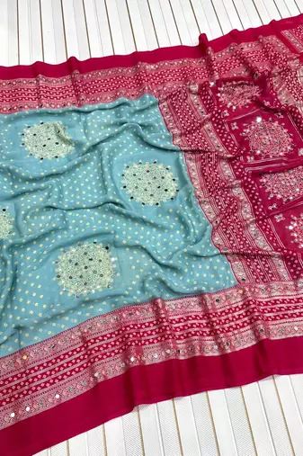 Sky Blue Color Foil Print With Beautiful Mirror Work Crepe Georgette Saree