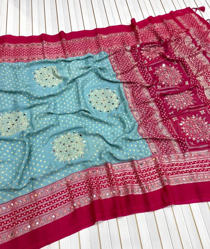 Sky Blue Color Foil Print With Beautiful Mirror Work Crepe Georgette Saree