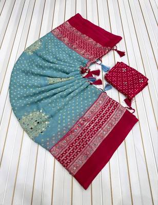 Sky Blue Color Foil Print With Beautiful Mirror Work Crepe Georgette Saree 5