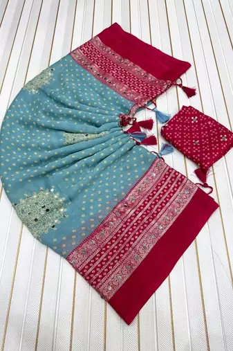 Sky Blue Color Foil Print With Beautiful Mirror Work Crepe Georgette Saree