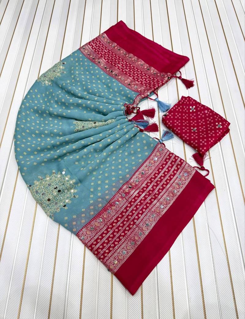 Sky Blue Color Foil Print With Beautiful Mirror Work Crepe Georgette Saree