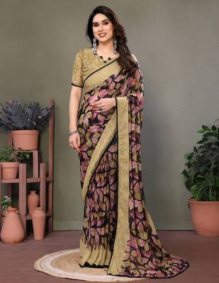 Brown heavy chiffon printed lace border saree with blouse 1