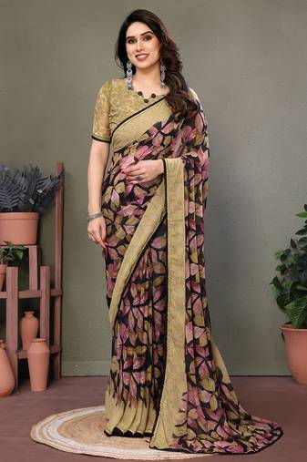Brown heavy chiffon printed lace border saree with blouse