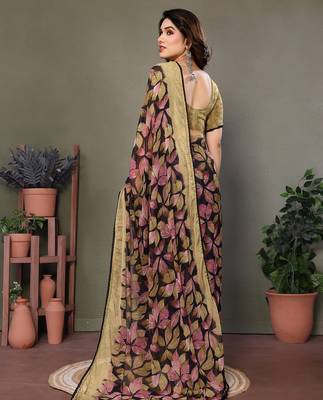 Brown heavy chiffon printed lace border saree with blouse 3