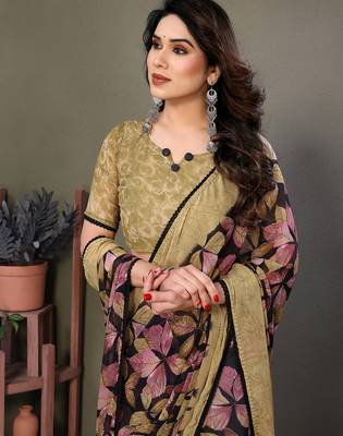 Brown heavy chiffon printed lace border saree with blouse 4
