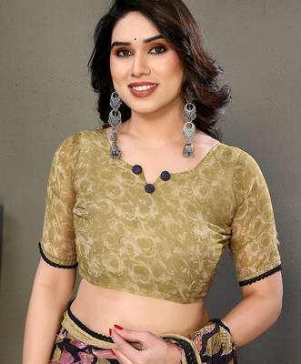 Brown heavy chiffon printed lace border saree with blouse 5