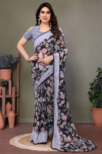 Grey heavy chiffon printed lace border saree with blouse