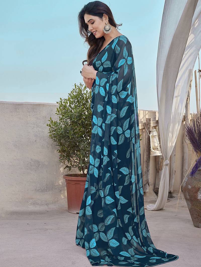 Rama heavy chiffon printed lace border saree with blouse