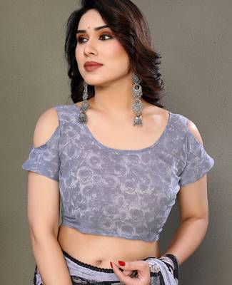 Grey heavy chiffon printed lace border saree with blouse 5