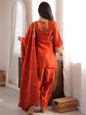 Rust orange embroidered glass roman silk kurta set with farshi salwar and designer dupatta 2