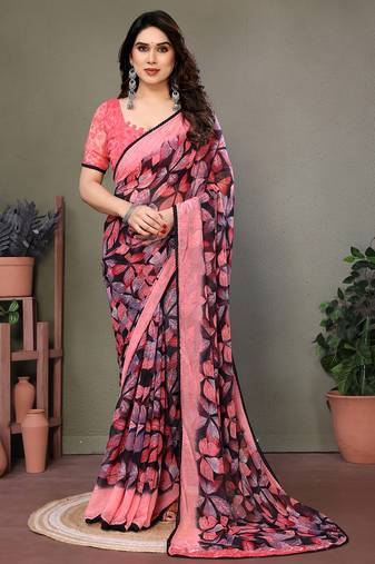 Pink heavy chiffon printed lace border saree with blouse