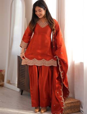 Rust orange embroidered glass roman silk kurta set with farshi salwar and designer dupatta 3