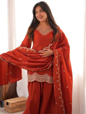 Rust orange embroidered glass roman silk kurta set with farshi salwar and designer dupatta 4